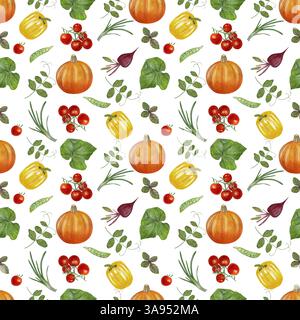 Fall vegetables harvest watercolor seamless pattern isolated on white. Farm plants template with rustic farm design. Stock Photo