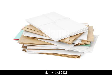 Stack of different paper envelopes on white background. Post office Stock Photo