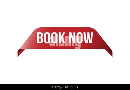 Book now red ribbon label banner. Open available now sign or book now tag. Stock Vector