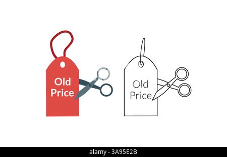 Scissors are cutting price tag as a discount symbol. Stock Vector