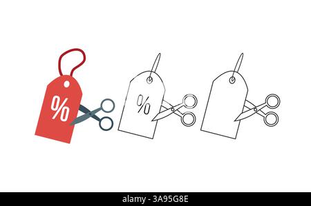 Scissors are cutting price tag as a discount symbol. Stock Vector