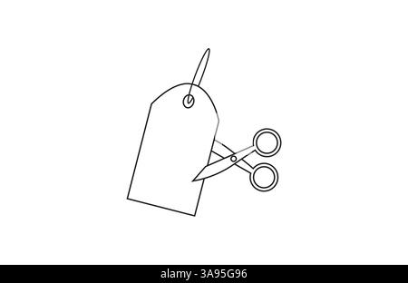 Scissors are cutting price tag as a discount symbol. Stock Vector