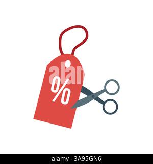 Scissors are cutting price tag as a discount symbol. Stock Vector