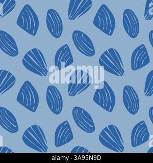 Hand drawn sea shells scallops blue seamless pattern in doodle sketchy style on blue background. Line art sea shell vector background Stock Vector