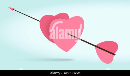 Two hearts pierced by an arrow of love. A couple in a relationship 3D realistic vector illustration Stock Vector