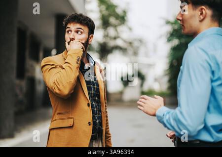 Two business professionals having a conversation outdoors in a city setting Stock Photo