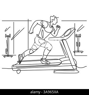 Man running on a treadmill. One line continuous concept sport banner. Line art vector illustration. Outline silhouette with copy space. Continuous line. Stock Vector