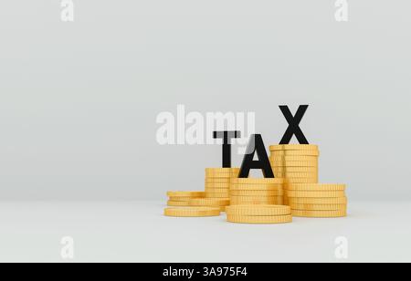 Financial tax concept showing stacked gold coins and bold red cubes spelling "TAX" on a clean white background. 3D illustration Stock Photo