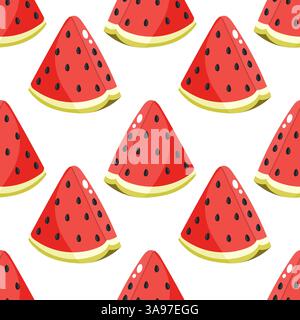Watermelon slice seamless pattern with red flesh and black seeds Stock Vector