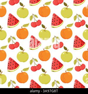 Colorful seamless fruit pattern with watermelon apple cherry apricot elements Stock Vector