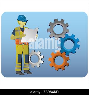 Construction worker wearing safety helmet and vest holding blueprint with rotating gears, depicting engineering, industrial, and construction concepts Stock Vector