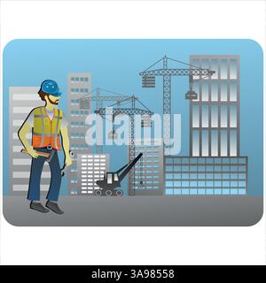 Construction worker holding tools at a building site with cranes and buildings under construction. Stock Vector