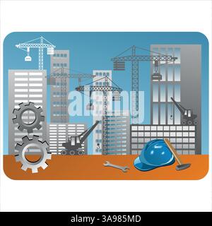 Cranes building skyscrapers in a cityscape with gears, hardhat, wrench, and hammer symbolizing construction and engineering. Stock Vector