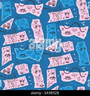 Collage punk rock seamless pattern. marker endless background. Rock and roll repeat cover. Crayon continuous ornament. Surface pattern design girly do Stock Vector