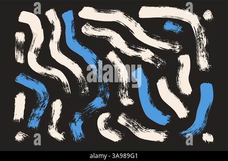 Acrylic paint curved bold brush stroke lines. Hand drawn vector squiggle figures. Brush line doodle elements set on dark background. Doodle wobble dec Stock Vector