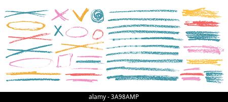 Doodle emphasis set. Crayon underline, cross, oval signs. Pencil scribble lines pack. Vector hand drawn brush stroke collection illustration on white Stock Vector