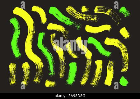 Neon paint wavy brush stroke lines. Hand drawn vector accents emphasize squiggles. Brush line doodles set of elements isolated on dark background. Cha Stock Vector