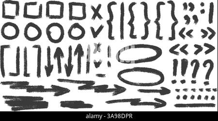 Black check marks, arrow doodle set. Charcoal underlines, quotation marks, brackets and signs. Scribble sketch pencil emphasis note highlights. Vector Stock Vector
