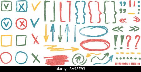 Check marks, arrow doodle set. Crayon underlines, quotation marks, brackets and signs. Scribble pencil emphasis note highlights. Vector hand drawn col Stock Vector