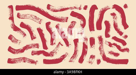Acrylic paint wavy brush stroke lines. Hand drawn vector retro squiggles shapes. Paintbrush vintage linear scribble elements set isolated on beige bac Stock Vector