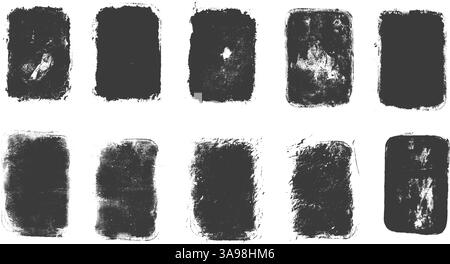 Text boxes irregular set. Callouts rectangles frames. Linocut rolled paint black tag. Vector handmade brayer stamp smudged texture. Rough paint decora Stock Vector