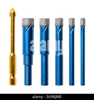 Diamond drill bit set with auxiliary drill bit. Five different sized diamond coated drill bits, used for drilling Glass, porcelain, etc. Stock Photo
