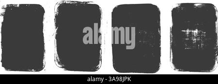 Charcoal grunge text boxes set. Callouts rectangles frames. Linocut rolled paint black tags. Vector handmade brayer stamp smudged texture. Rough paint Stock Vector