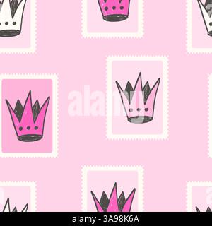 Horns, broken heart postage stamp seamless pattern. Punk rock crown on frame marker endless background. Crayon continuous ornament. Surface pattern de Stock Vector