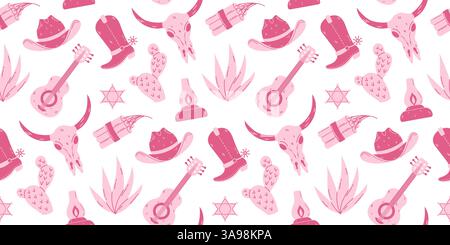 A seamless Western-themed pattern in shades of pink, featuring elements such as cowgirl hats, boots, guitars, cacti, skulls, and sheriff stars. Perfec Stock Vector