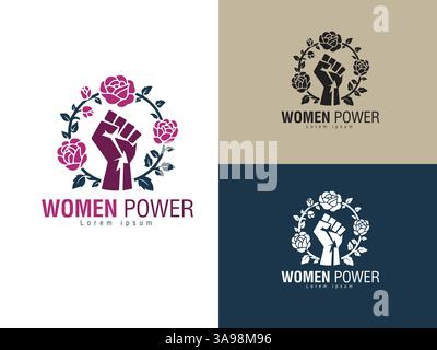 Flourishing Strength: A powerful emblem of female resilience, featuring a clenched fist surrounded by blooming roses, symbolizing growth and empowerme Stock Vector
