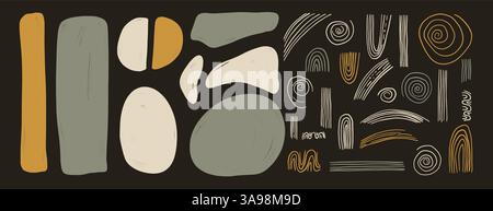 Crayon organic geometric figures silhouette set. Semicircle, rectangle chalk and boho arch. Abstract japandi decor. Vector irregular shapes zen aesthe Stock Vector