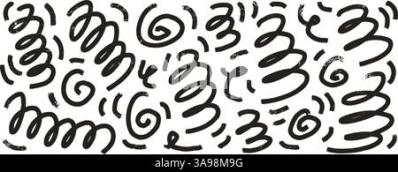 Charcoal scribble wavy shapes. Squiggle hand drawn confetti set. Vector black and white grunge crayon brush strokes lines collection. Curve and swirls Stock Vector