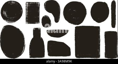 Geometric shapes linocut rough set. Circle, ellipse, rectangle text boxes. Abstract japandi vase decor. Vector geometry grafitti spray shapes. Hand dr Stock Vector