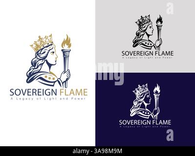 Regal Torchbearer Logo Design: A striking logo portraying a royal figure with a crown, gracefully holding a flame to signify strength and guidance. Stock Vector