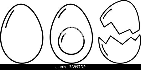 Outline Whole Egg Half Hard Boiled with yolk Cracked Eggshell Linear Icons design element idea Set 3. Isolated Vector illustration Culinary Menu cards, recipes, price tag or web promo banner, leaflets Stock Vector