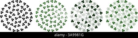 Silhouette Outline Shamrocks Circular Background Monochrome green St Patrick Day Greeting fond Set 4. Isolated Vector illustration Thematic Cards, poster, price tag, label or web promo leaflet, banner Stock Vector