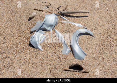 Aluminum sode can on sandy beach, environmental pollution Stock Photo