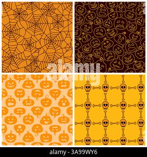 A vector illustration seamless pattern background of halloween trick or treat theme.Set of four. Stock Vector