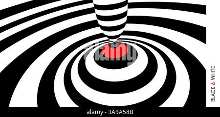 Target hit in the center. Black and white design with optical illusion. Abstract striped background. Vector illustration. Stock Vector