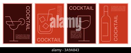set of minimalist cocktail posters, line icons of cocktails like mojito, wine, margarita, place for text or menu Stock Vector