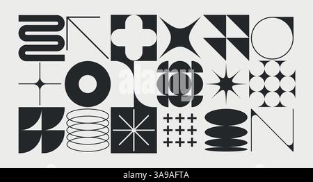 Set of neomodern geometric shapes. Brutalism, futuristic, memphis pattern ackground. Collection of black brutalism, geometric abstract shapes. Modern Stock Vector