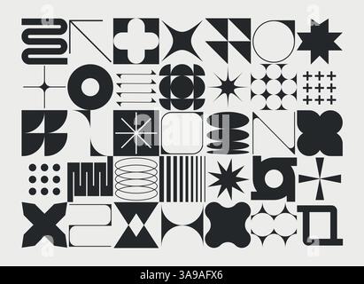 Set of neomodern geometric shapes. Brutalism, futuristic, memphis pattern ackground. Collection of black brutalism, geometric abstract shapes. Modern Stock Vector