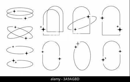 set of minimalistic modern y2k line frames with stars shapes. collection of sparkling vector frame geometric elements circle, square, rectangle. Stock Vector