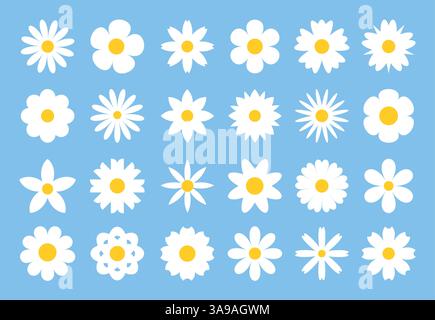 set of black daisies from geometric figures, collection of abstract silhouettes of flowers flowers icons isolated on white Stock Vector