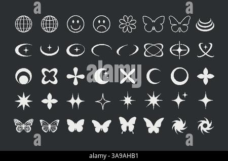 Set of y2k shapes in pixel style, retro futuristic pack, y2k geometric elements for logo card, web, poster. 90s pixel graphic forms Stock Vector
