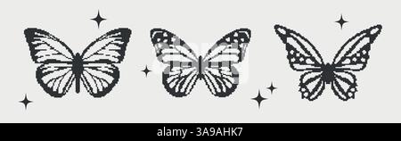 Pixel y2k black butterfly.futuristic retro butterfly silhouette isolated, y2k shapes, pixel logo objects Stock Vector