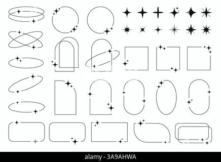 set of minimalistic modern y2k line frames with stars shapes. collection of sparkling vector frame geometric elements circle, square, rectangle. Stock Vector