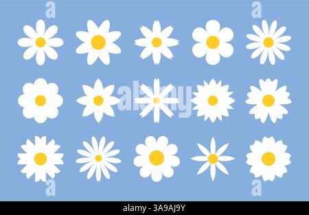 set of white daisies from geometric figures, collection of abstract silhouettes of flowers flowers icons isolated on white Simple chamomile set Stock Vector