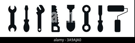set of hand tools silhouette isolated on white. black silhouette  like wrench, pliers, screwdriver Stock Vector
