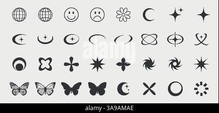 Set of y2k shapes in pixel style, retro futuristic pack, y2k geometric elements for logo card, web, poster. 90s pixel graphic forms Stock Vector